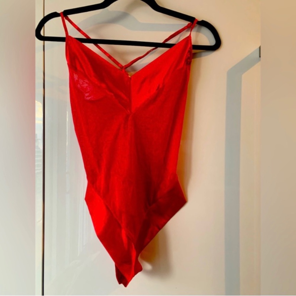 Victoria’s Secrets Pink Women Red Strappy V-Neck Bodysuit Lingerie One Piece